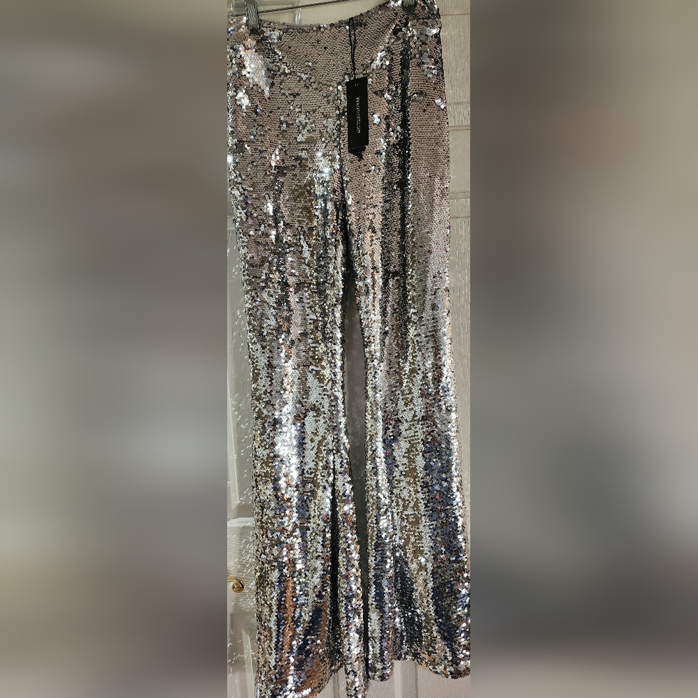 Disco Ball Silver Sequin Flair Mermaid Pants Size M